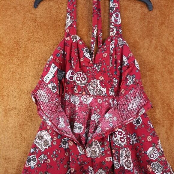 HELL BUNNY VIXEN Womens Dress Small Red Halter Fit Flare Skull Sundress JASMINE - Picture 8 of 14